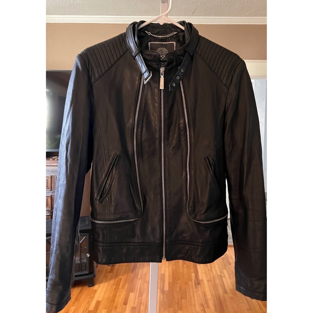Vince Camuto Leather Moto Jacket Large Black Quilted Zip Fall Festival Concert
